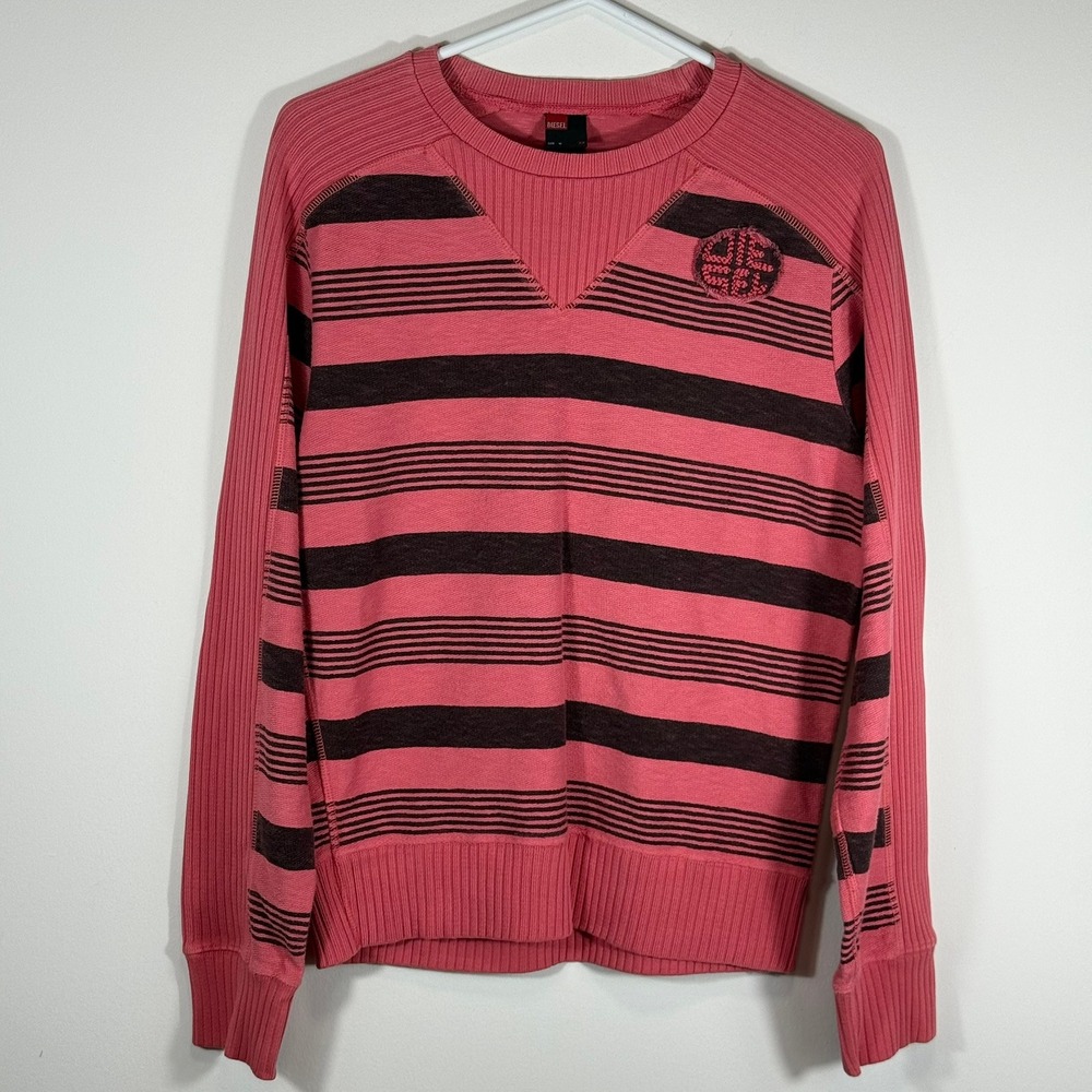 Vintage Y2K Diesel Mens Pink Charcoal Striped Cotton Ribbed Sweatshirt Size M